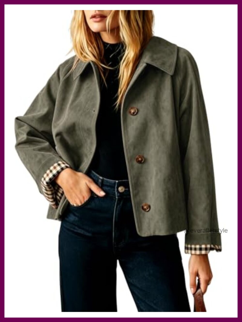 Faux Suede Cropped Trench Coat Plaid Lined Cuffs Button Front